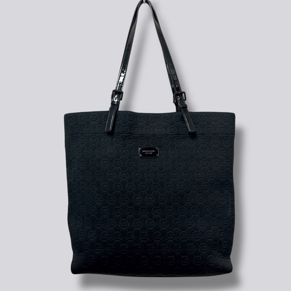 Michael Kors MK Logo Tote Black Embossed Signature Fabric Shoulder Bag